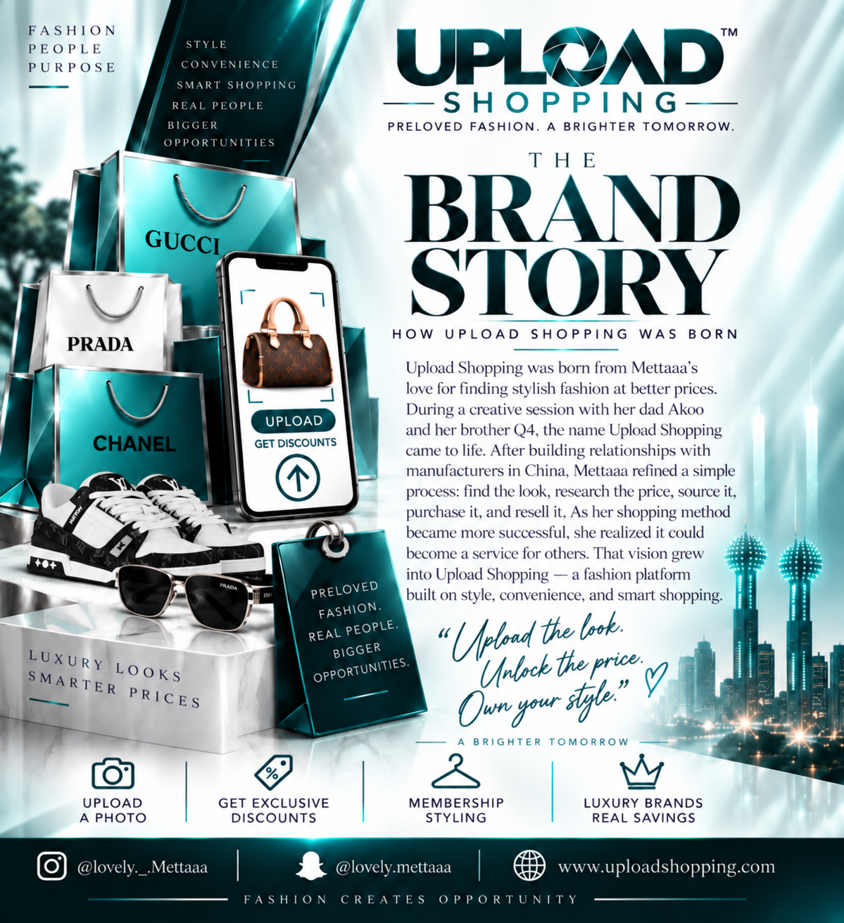 An advertisement for Upload Shopping, a fashion retail platform. The image features designer bags from Gucci, Prada, Chanel, and Louis Vuitton, along with sunglasses and sneakers. There is a smartphone with a 'Upload' button and a shopping concept. The background shows city skyscrapers with a futuristic glow. Text explains the brand's origin and benefits, emphasizing style, convenience, and smart shopping.