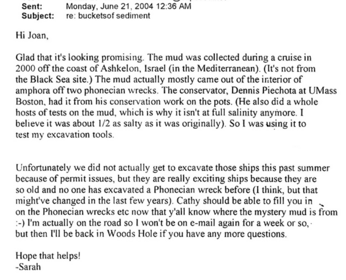 A screenshot of an email from June 21, 2004, discussing sediment collection during a cruise off Ashkelon, Israel, and mentioning excavation and conservation efforts with references to mud, wrecks, and a conservator named Dennis Piechota.