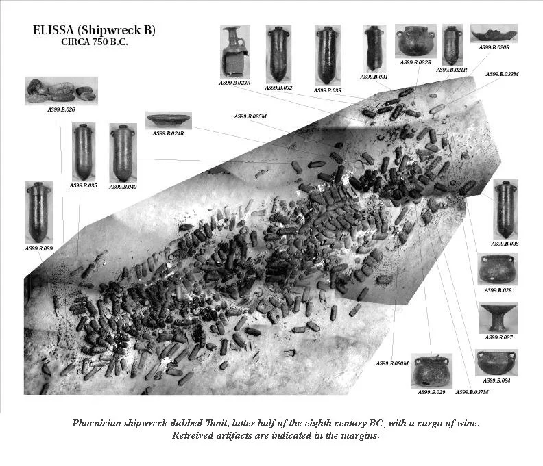 Illustration of ancient shipwreck showing amphorae from a Phoenician ship, circa 750 B.C., with notes on wine cargo.  Joan used the sediment from inside amphrae as glaze on her pots.