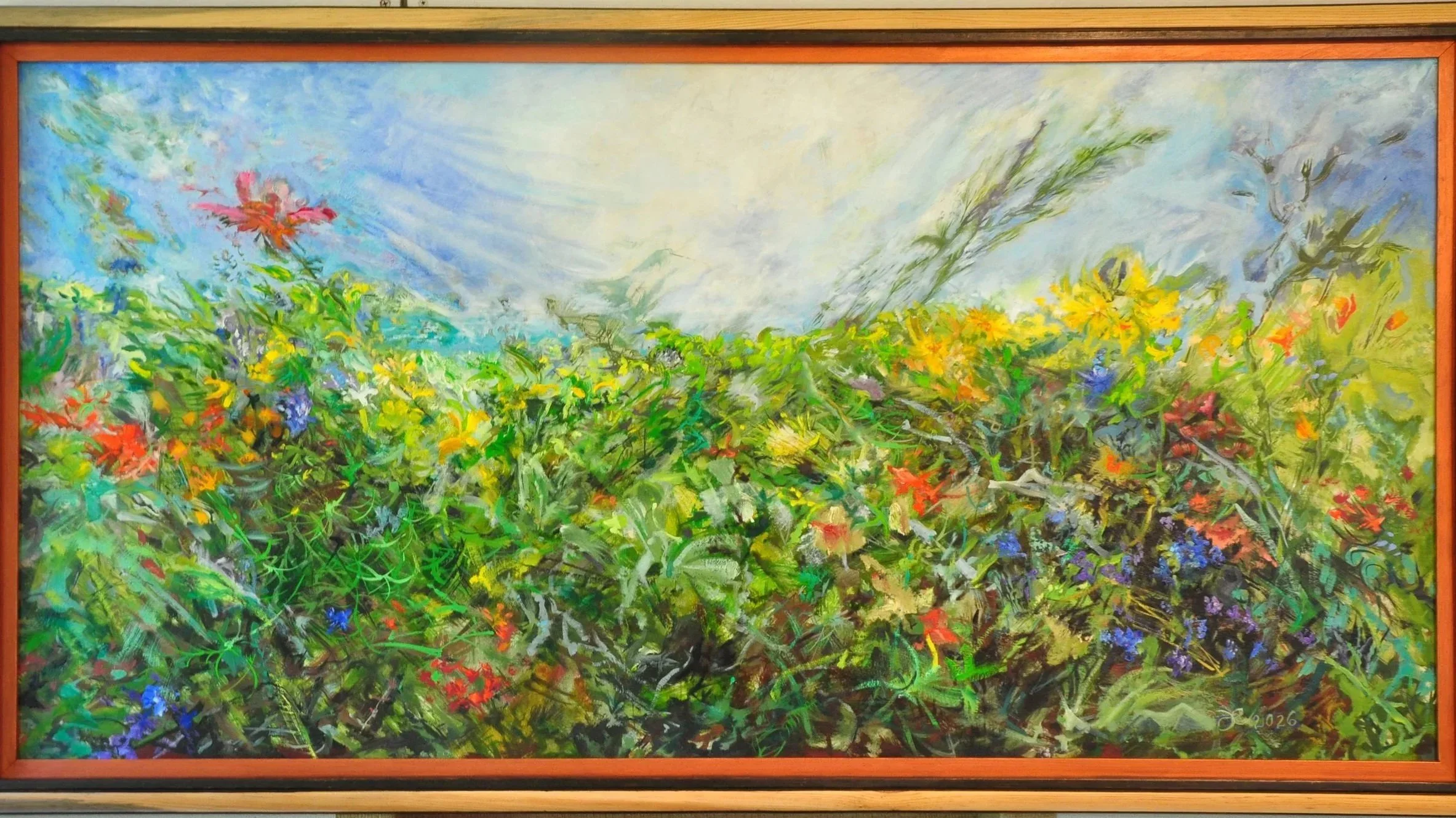 wildflower garden, three seasons. breezy, oil paint