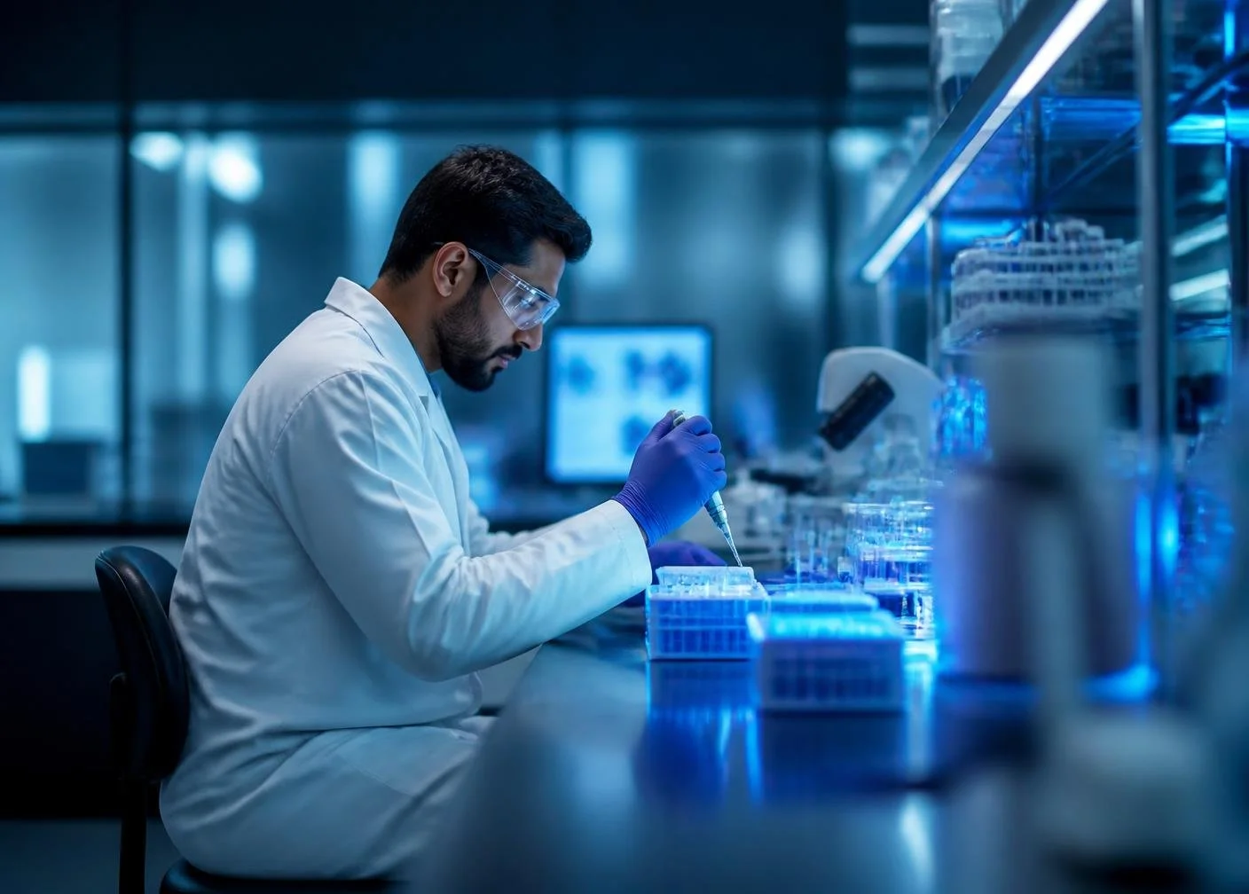 scientist working late at night in a lab