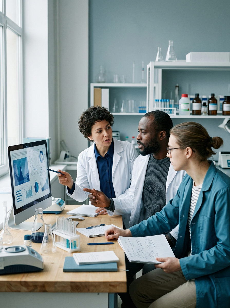 team of health care workers discussing a presentation shown on a monitor