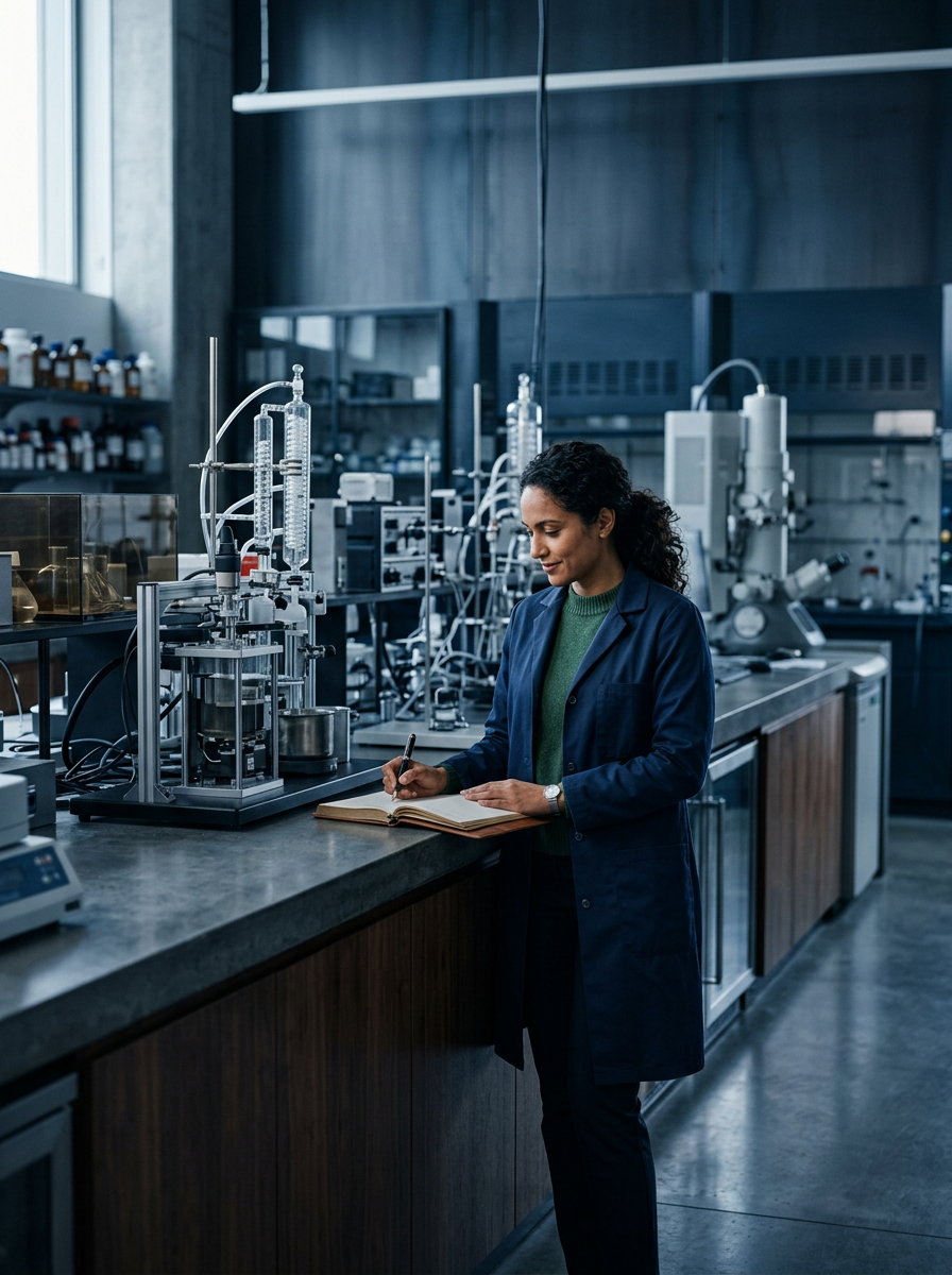 woman writing in notebook in a highly technical laboratory setting