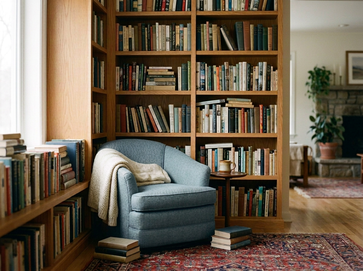 A cozy reading nook with a blue armchair, surrounded by wooden bookshelves filled with books, a small side table with a mug, and a colorful area rug.