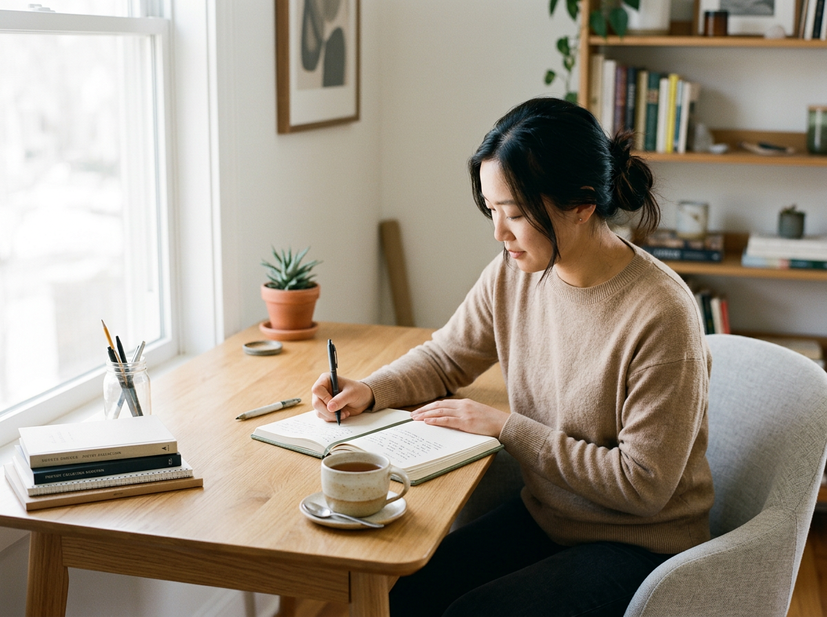 A woman in a beige sweater writing in a journal at a wooden desk with a cup of coffee, a stack of books, a potted plant, and a pen holder by a window.