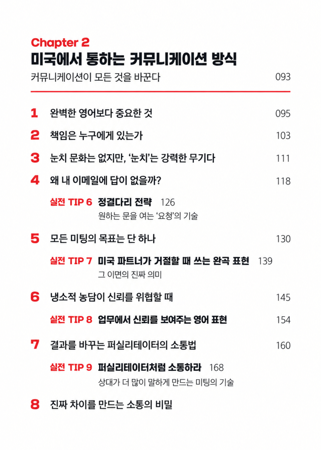미국에서 통하는 커뮤니케이션 방식에 관한 책의 목차. 제2장: 커뮤니케이션의 중요성, 책임, 문화, 이메일, 목표, 표현, 신뢰, 소통 비밀 등에 관한 내용을 다룸.