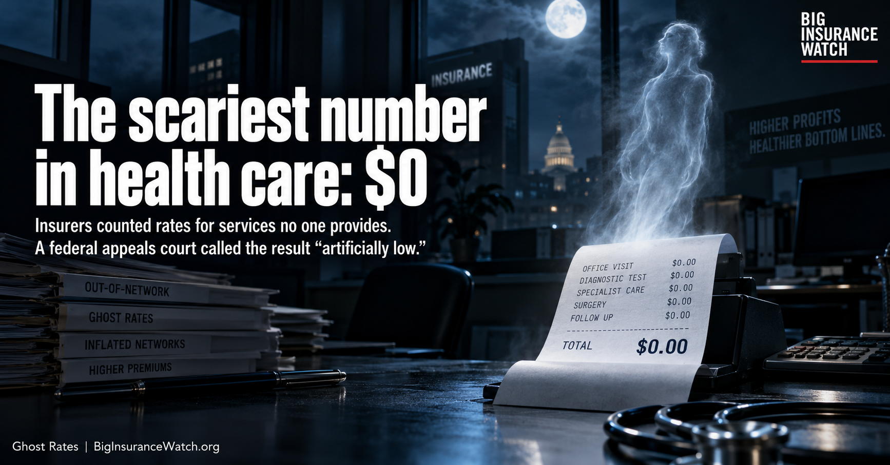 Ghost Rates: The scariest number in health care, $0. A translucent ghost rises from a receipt in this AI-generated Big Insurance Watch illustration.
