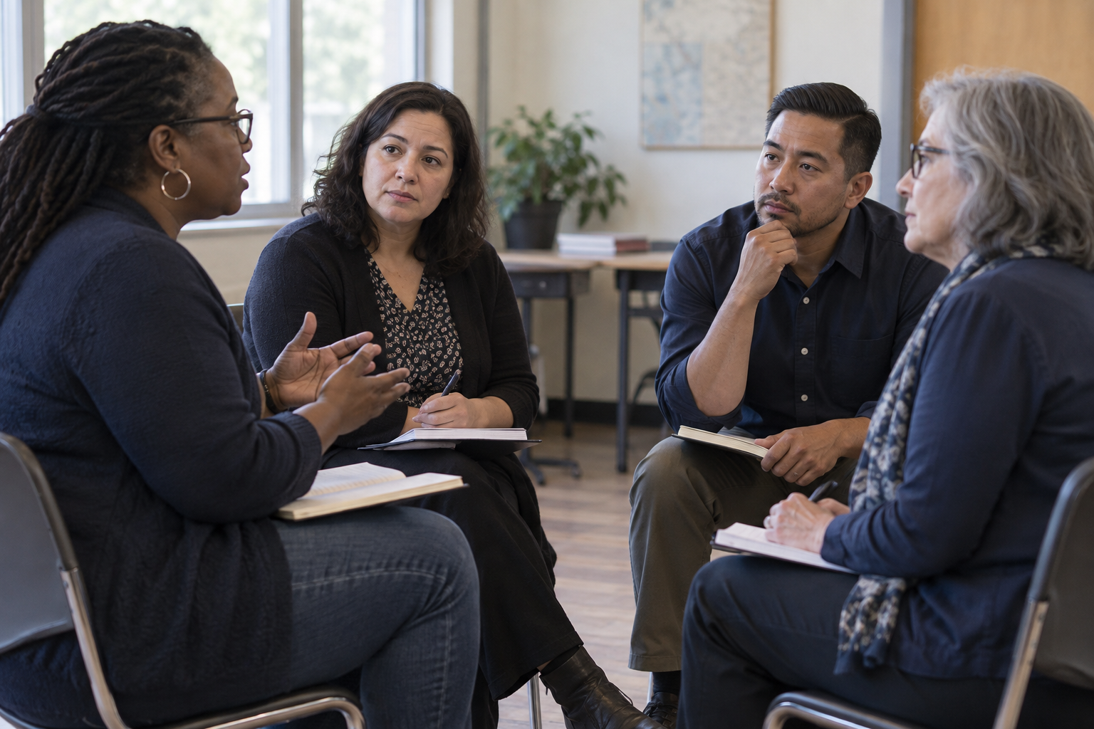 AI-generated illustration of community members discussing access to healthcare.