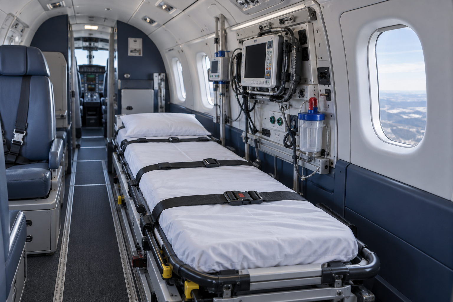 AI-generated illustration of an empty air medical aircraft cabin with a secured stretcher and monitoring equipment.