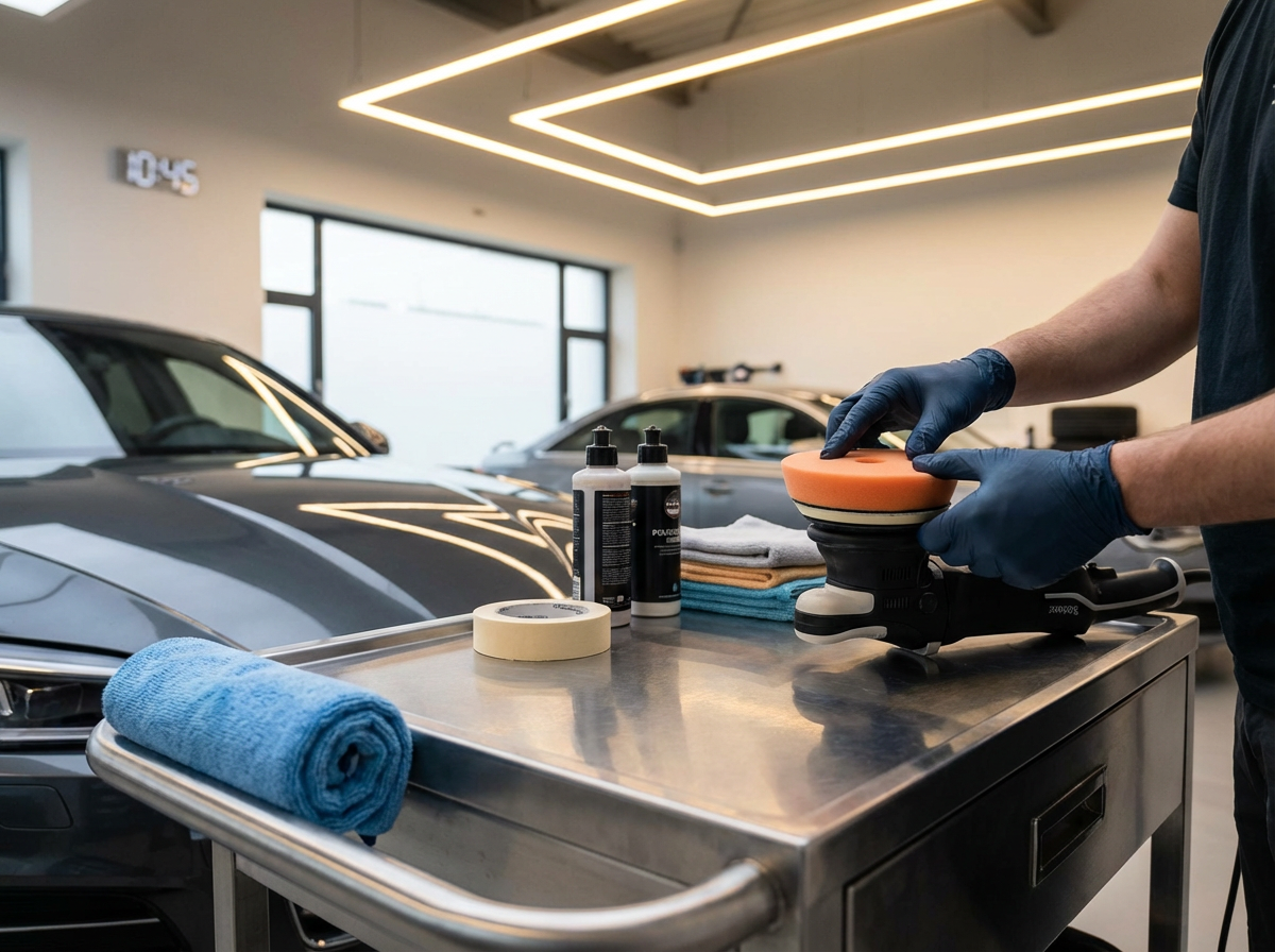 A person in gloves polishing a black car with an electric buffer in a modern garage, with two other cars, bottles, towels, and polishing supplies on a metal worktable.