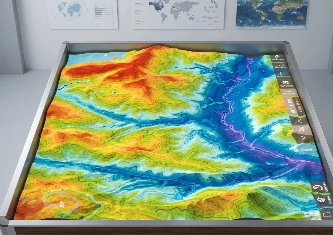 Interactive digital topographic map showing terrain elevation in various colors from blue to red.