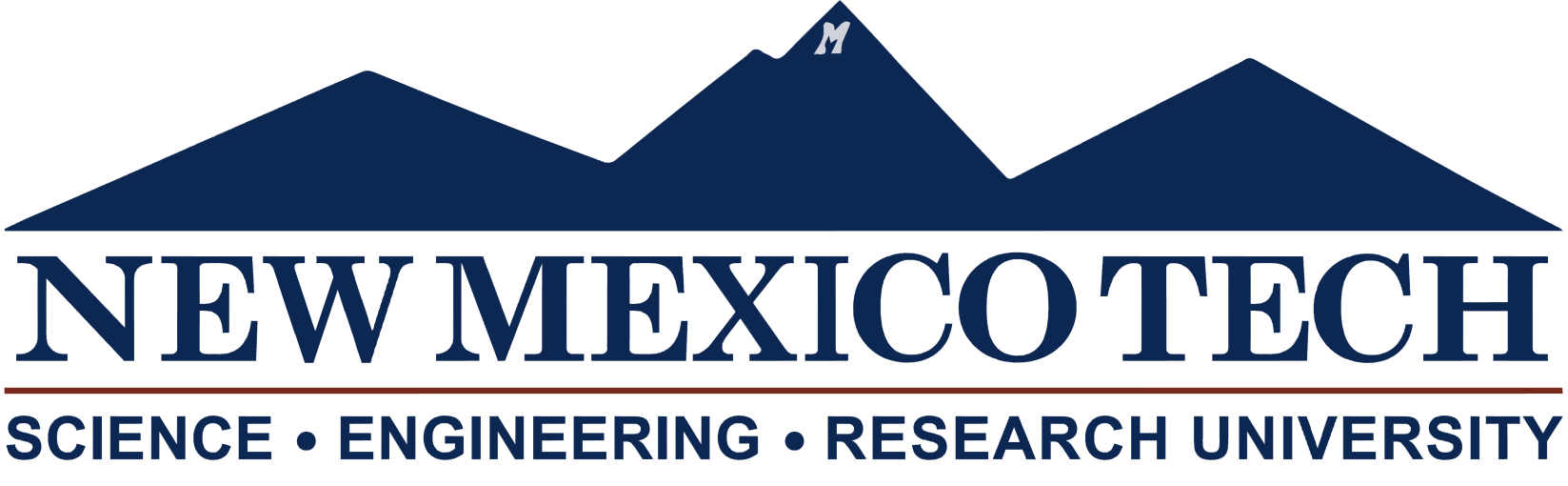 Logo of New Mexico Tech featuring a mountain with a peak in the shape of an 'M', with the text "N EW MEXICO TECH" below, and the words "SCIENCE, ENGINEERING, RESEARCH UNIVERSITY" underneath.