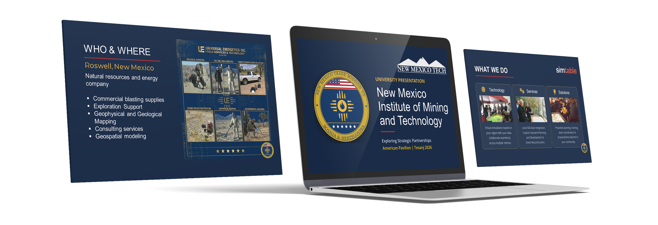 Digital presentation slide of the University of New Mexico Tech, highlighting the New Mexico Institute of Mining and Technology, with slides about their projects, services, and organization, and a background with a laptop display.