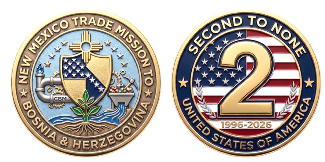 Commemorative coin of the New Mexico Trade Mission to Bosnia and Herzegovina featuring energy, environmental and research initiatives, whilst paying homage to the never-realized U.S. Trade Mission of 1996, now thirty years later 1996-2026.