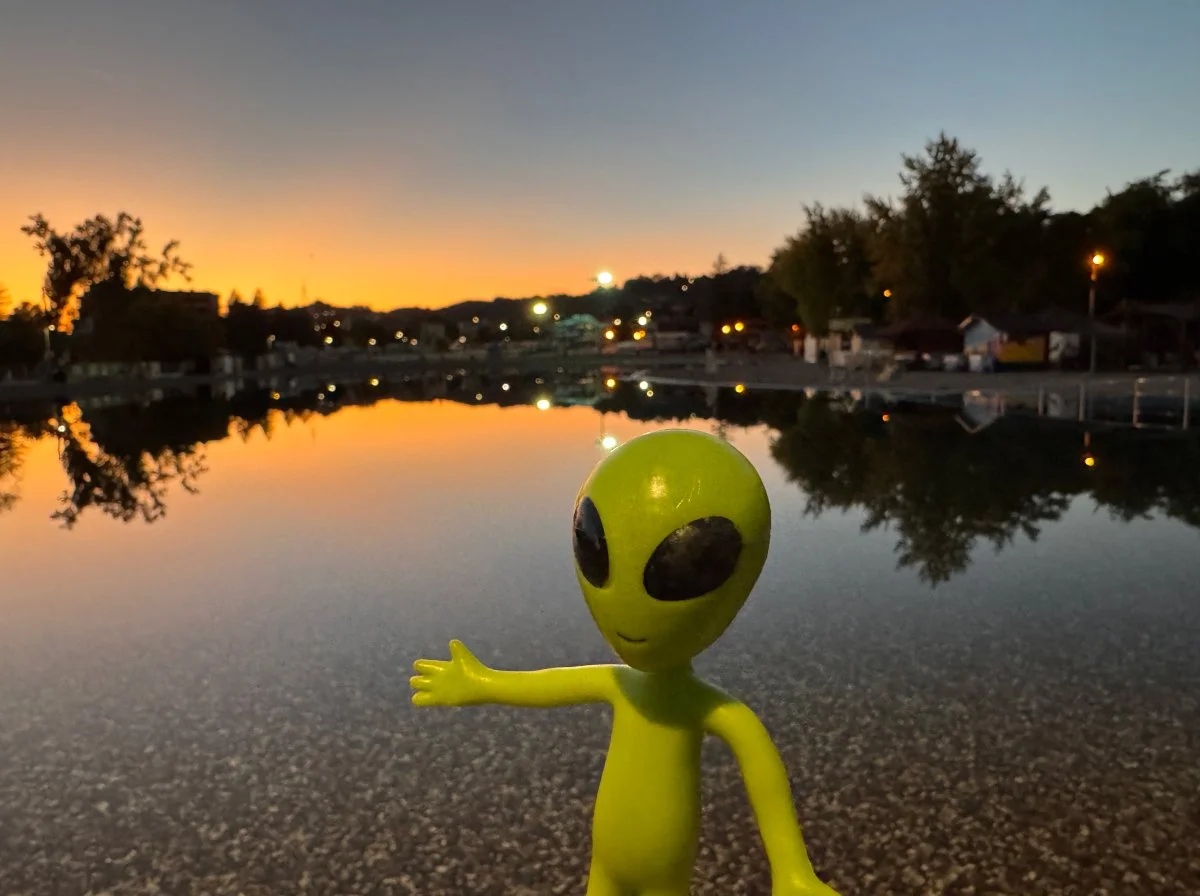 A green alien figurine with large black eyes and a small smile extends its arm in front of a body of water reflecting a sunset sky, with trees and houses along the horizon and small lights lining the shoreline.