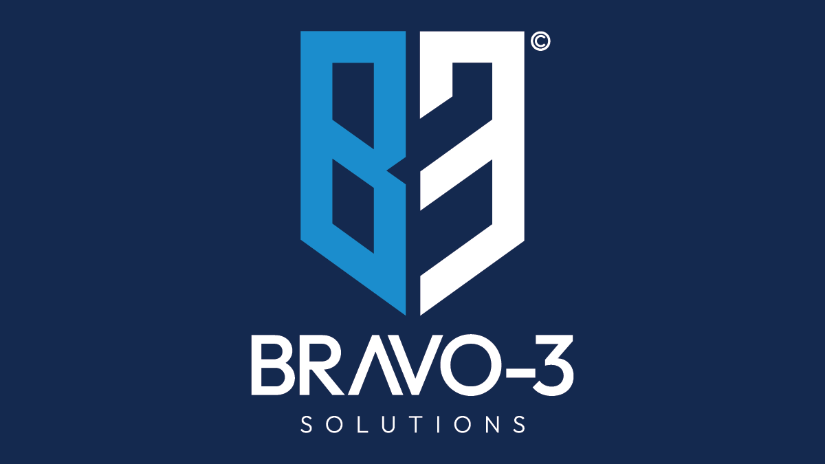 BRAVO-3 Solutions logo featuring a shield design split into two halves with one side blue and the other white, along with the text 'BRAVO-3 SOLUTIONS' below.