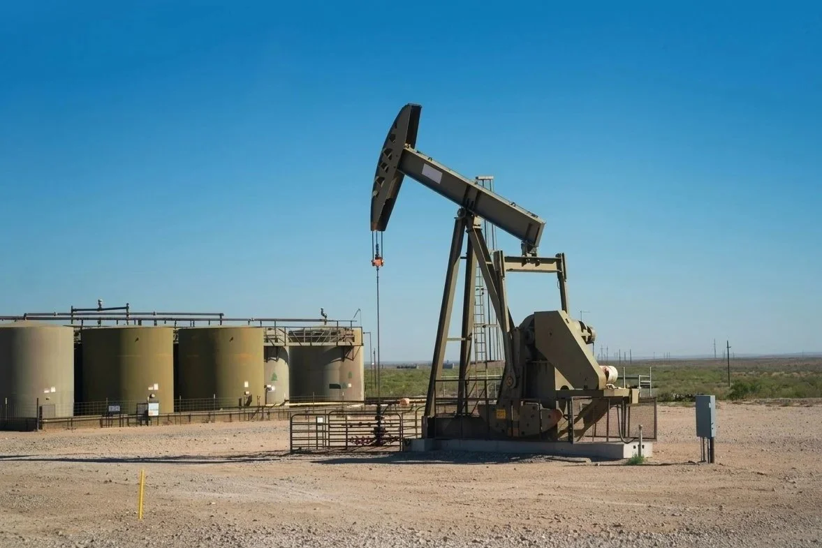 An oil pump jack in a desert landscape with storage tanks in the background.