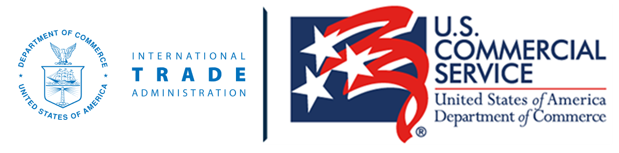 U.S. Department of Commerce logo with American flag-themed design, including stars and stripes, and text indicating the U.S. Commercial Service and International Trade Administration.