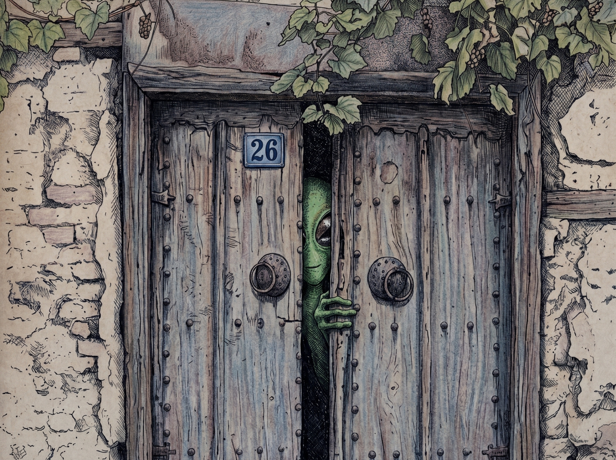 A wooden door with house number 26, with an alien cartoon character peeking from behind, holding the door open. The door is surrounded by stone walls and a vine with green leaves growing above.