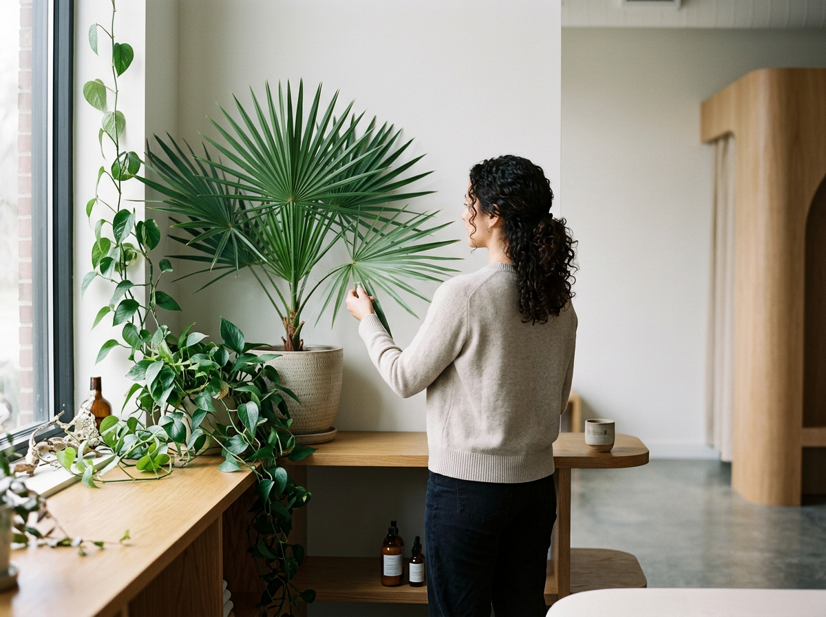 A woman with curly dark hair watering or tending to a large potted palm plant in a bright, minimalist room near a window with a wooden desk and various small bottles and decor items.