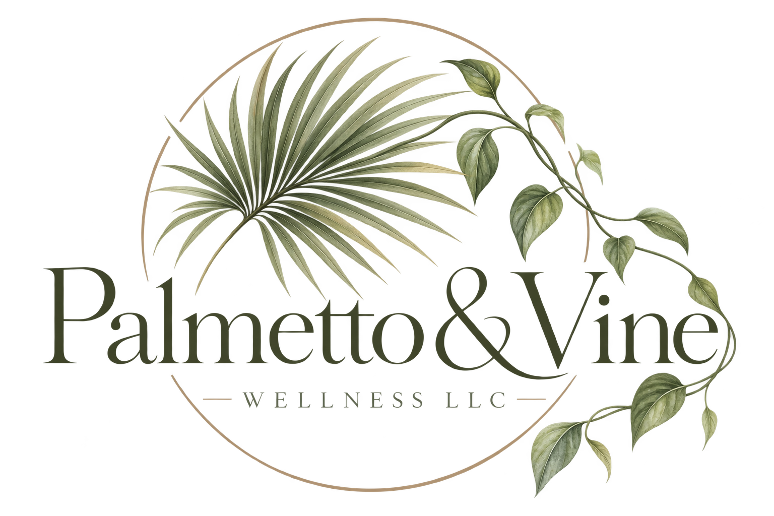 Logo for Palmetto Vine Wellness LLC with a palm leaf and vine illustration in green tones.