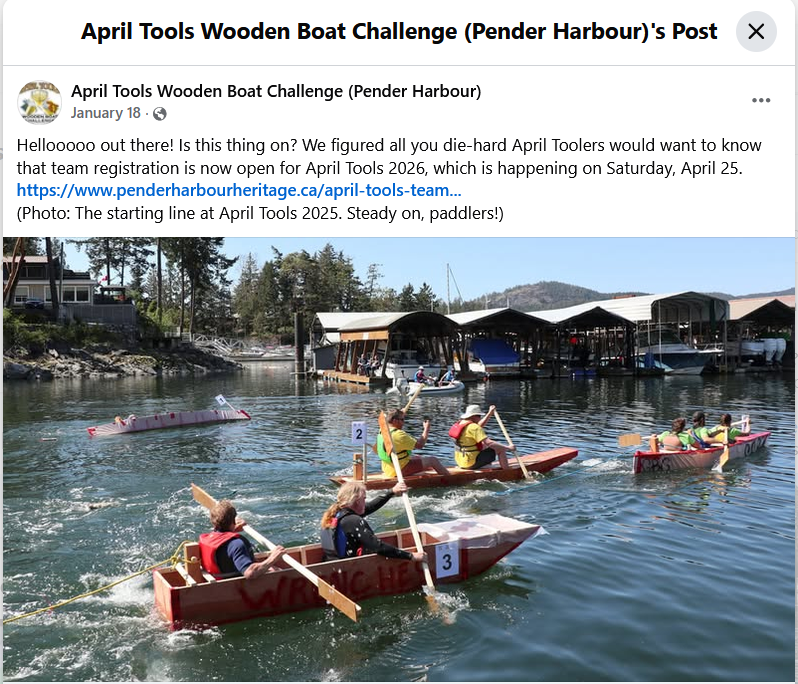 1. January 2026 social post calling for teams to sign up for the 2026 April Tools Wooden Boat Challenge event. Since the event social channels are usually quiet from May until January, I had a little fun with the language and photo to grab attention.