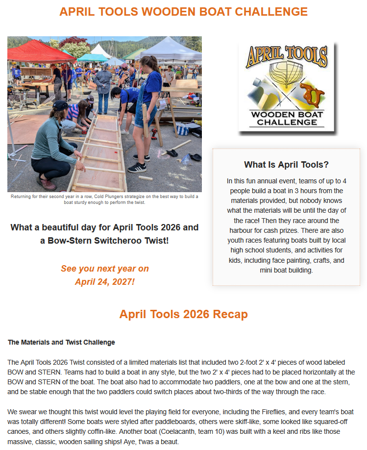 6. April 2026 final website update including a recap of the the boatbuilding twist challenge. Summary of the build, the race action, the results and winners, including a photo gallery and sponsor thanks. Click to view full event page on apriltools.ca