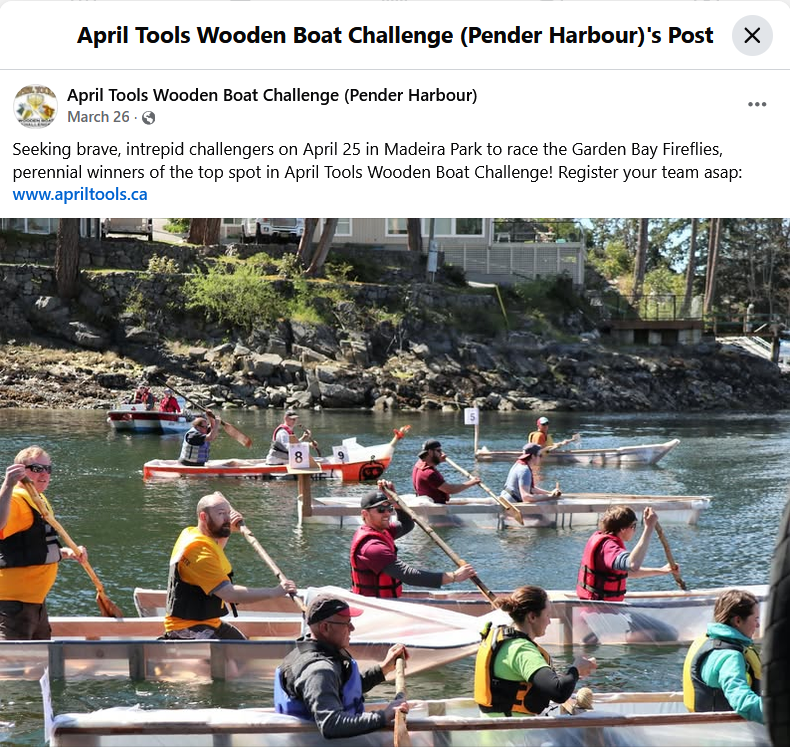 2. March 2026 social post calling for team registrations by hamming up the rivalry between the 5-7 teams that return almost every year to compete against each other. One team — the Garden Bay Fireflies, which represent one of the local volunteer fire