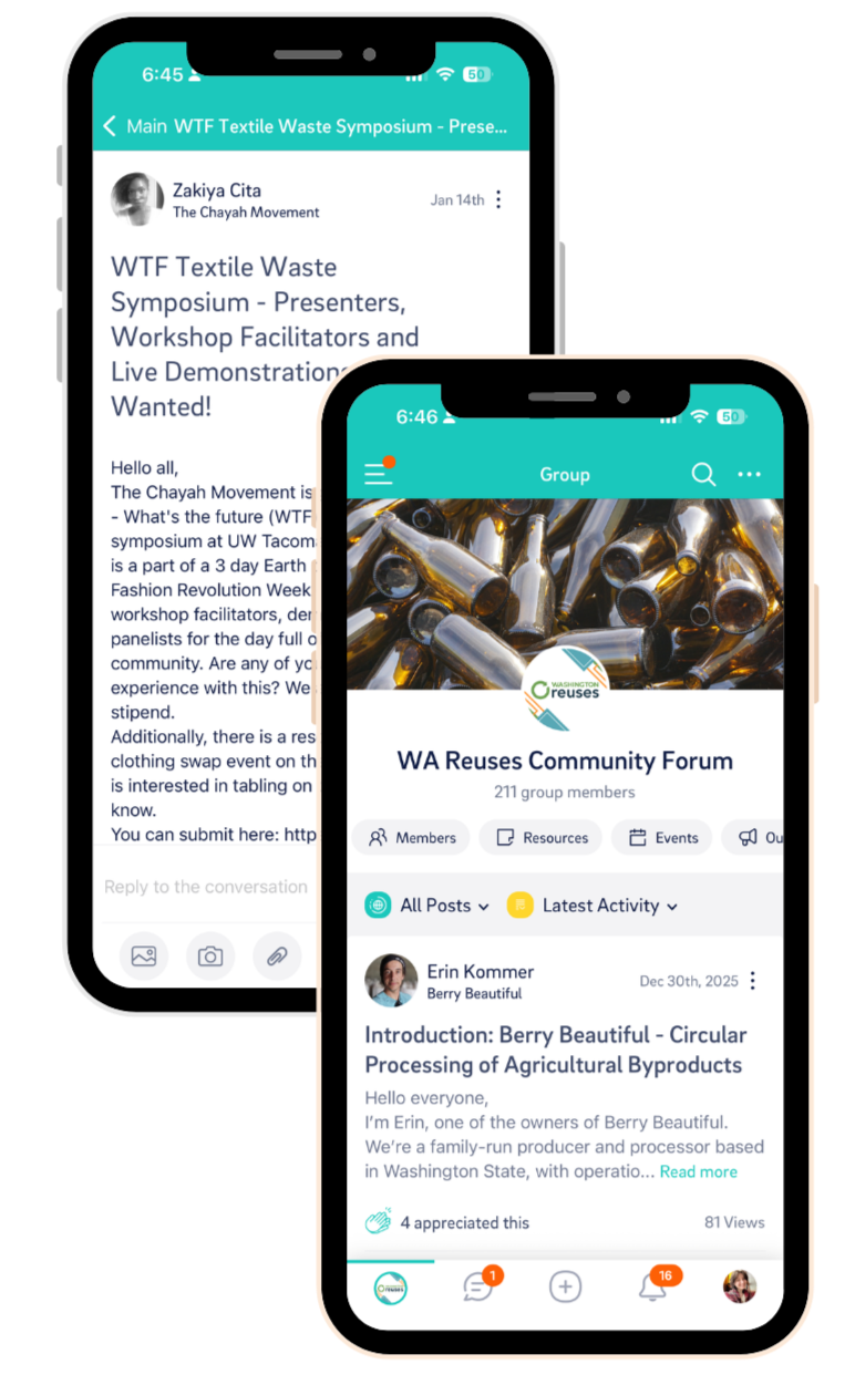 Two smartphones displaying community forum and event pages related to a textile waste symposium and community recycling group.