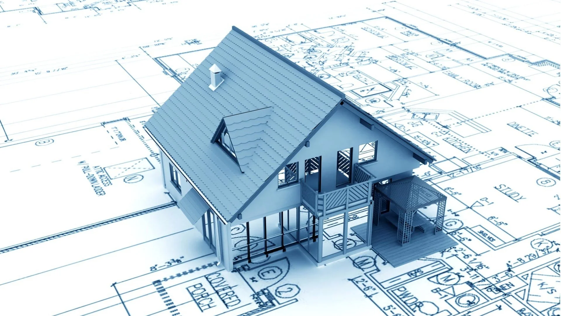 3D model of a house on top of architectural blueprints.