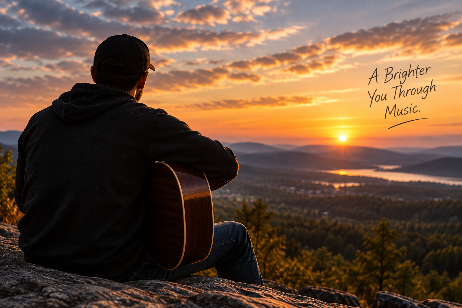 Person sitting on a rock with a guitar, facing a colorful sunset over mountains, with the quote "A Brighter You Through Music" written in the sky.
