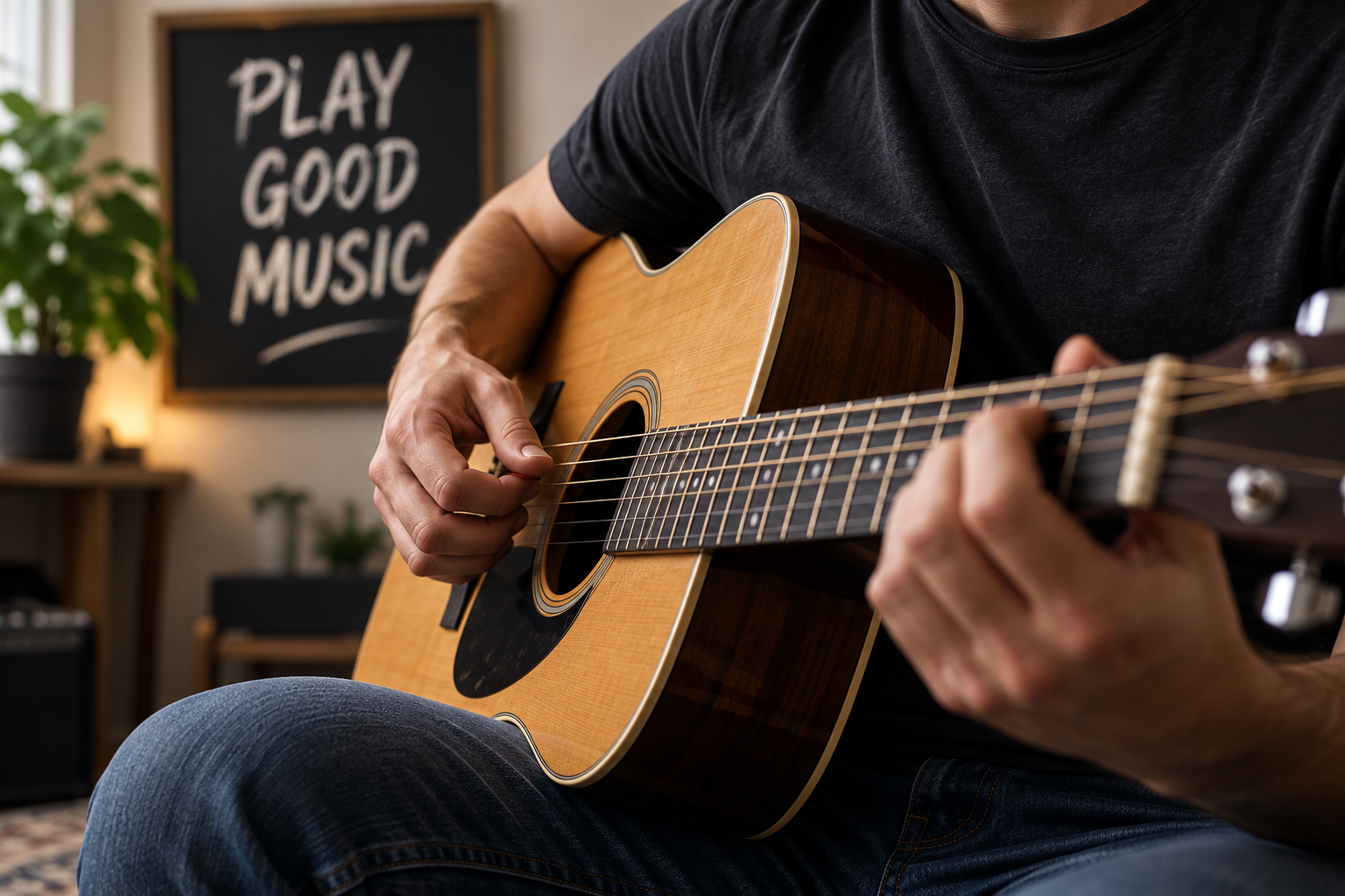 Person playing an acoustic guitar in a room with a blackboard that says 'play good music' in the background.