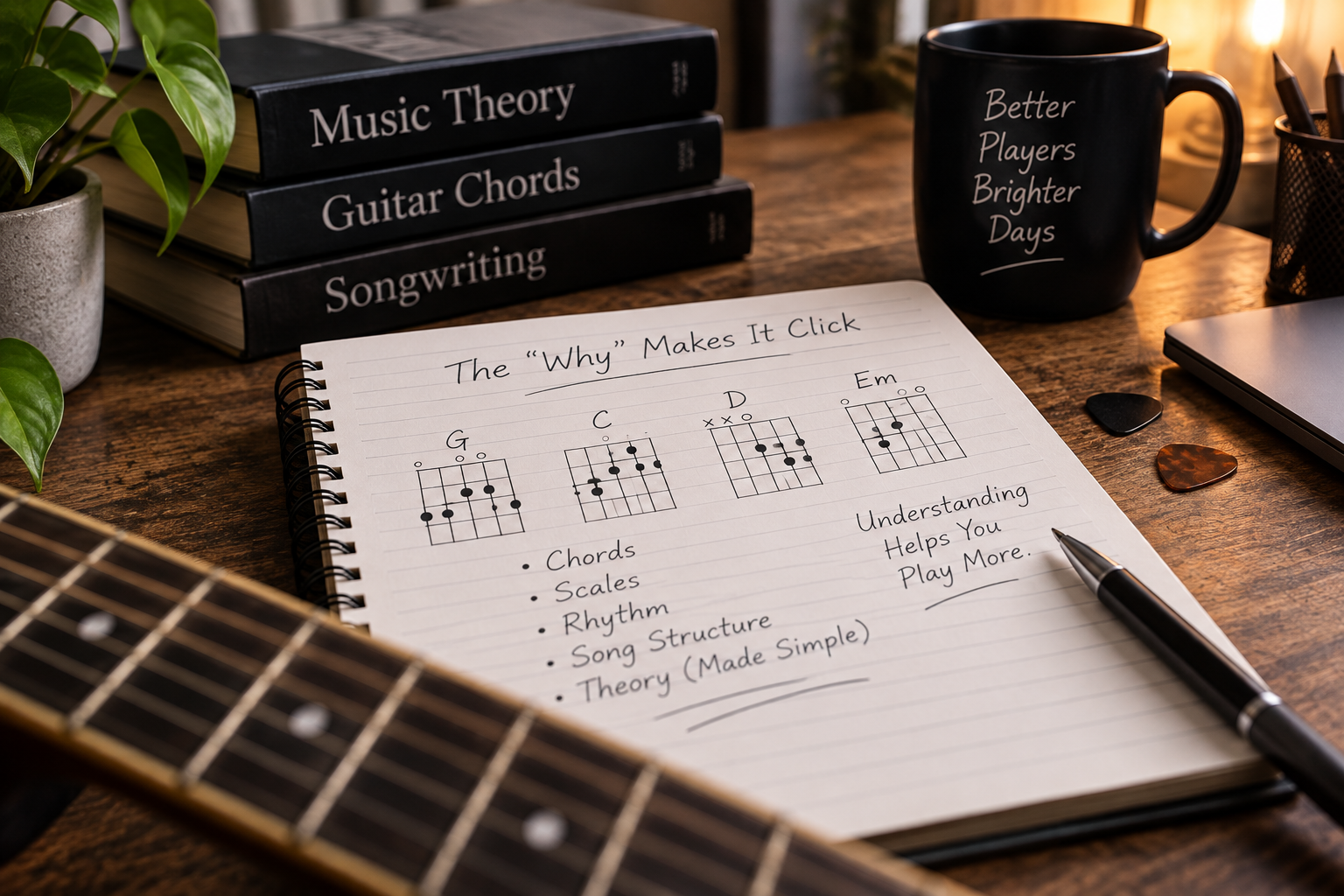 A notebook with guitar chord diagrams and music theory notes, nearby a guitar, books on music theory, a black mug with the message "Better Players Brighter Days," and a few guitar picks on a wooden desk.