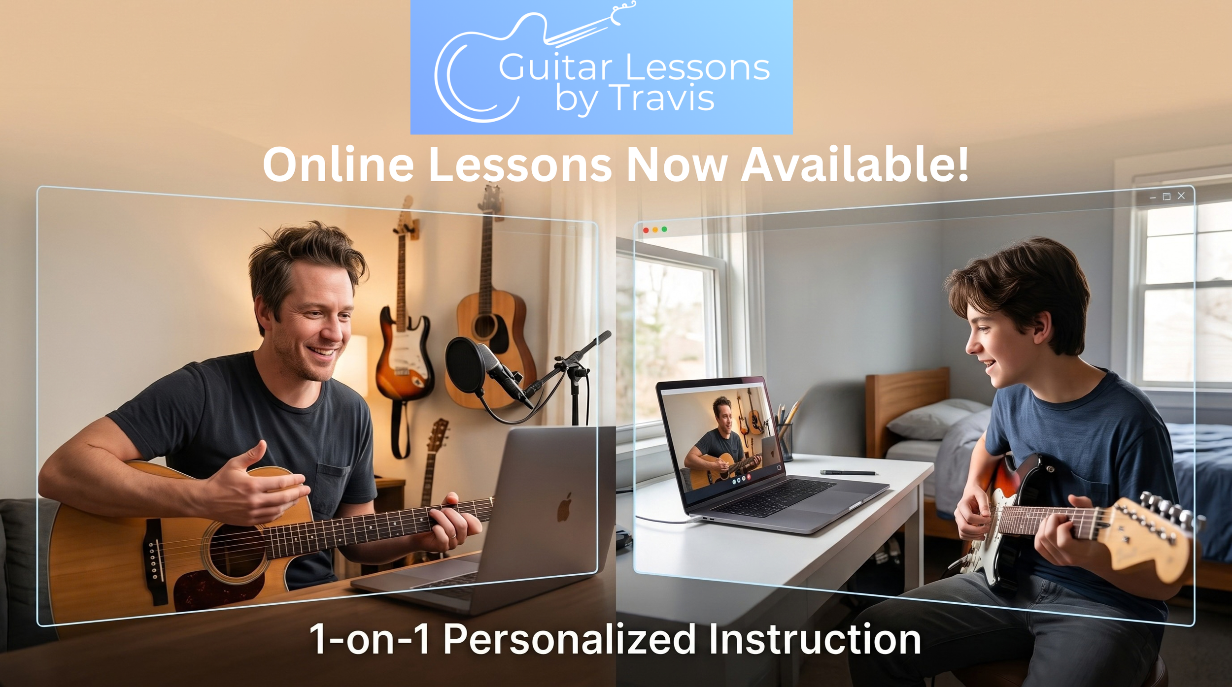 Two people, a man and a boy, are playing guitars and participating in a virtual guitar lesson on a laptop. The man is in a room with guitars hanging on the wall, and the boy is in a room with a bed and a window. A computer screen shows the man giving a guitar lesson, indicating an online learning session.
