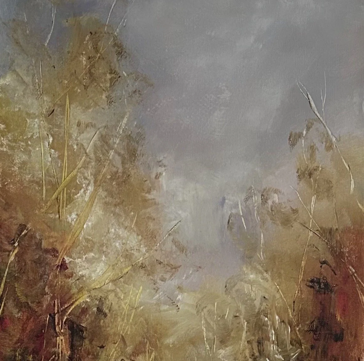A painting of tall grasses and plants with a cloudy sky in the background, using earthy tones of brown, green, and gray.