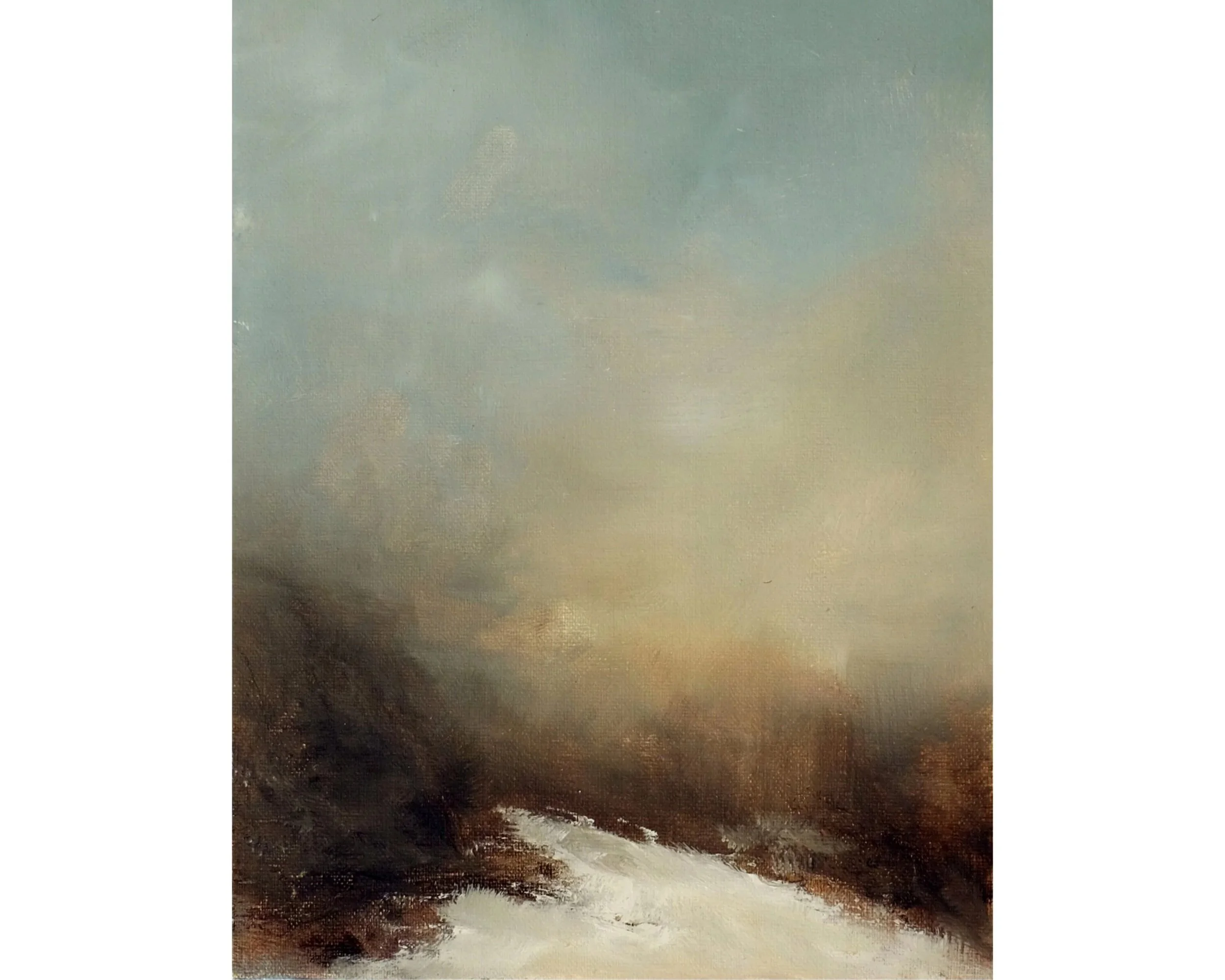 A painting of a stormy sky over a dark, turbulent ocean with a small white boat in the foreground.
