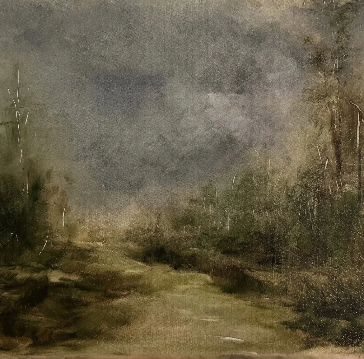 A painting of a dark, moody landscape with a cloudy sky, a distant horizon, and a dirt road leading into the distance surrounded by trees.