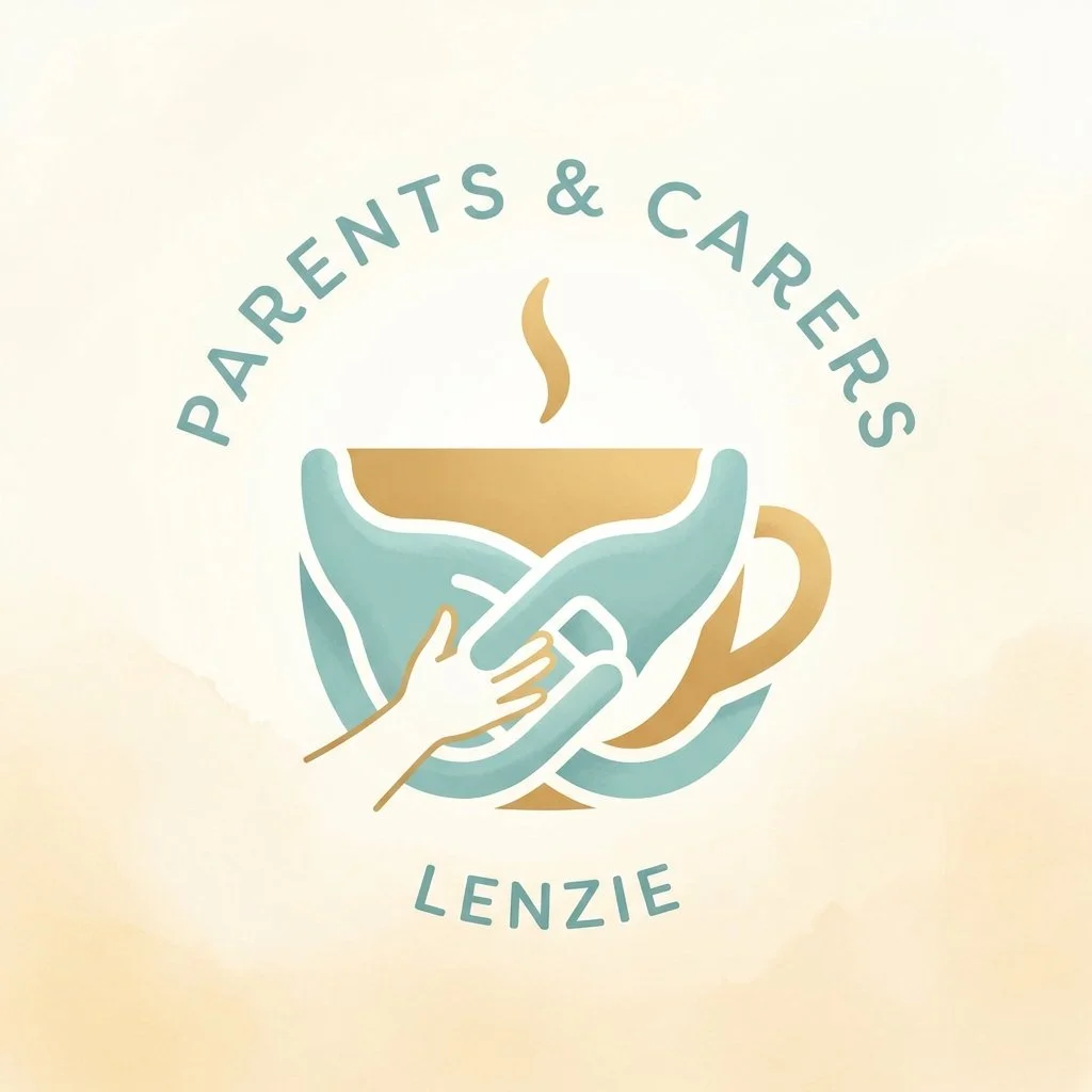 Logo for Parents & Carers Lenzie featuring a stylized teal hand holding a steaming cup of coffee or tea, with a smaller hand reaching up to it.