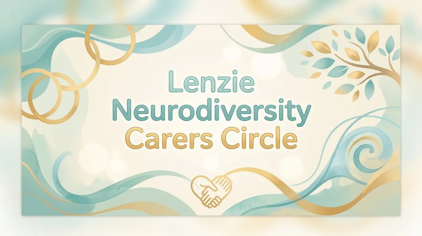 Text reads 'Lenzie Neurodiversity Carers Circle' with decorative swirls, leaves, and a handshake icon in a soft pastel color palette.