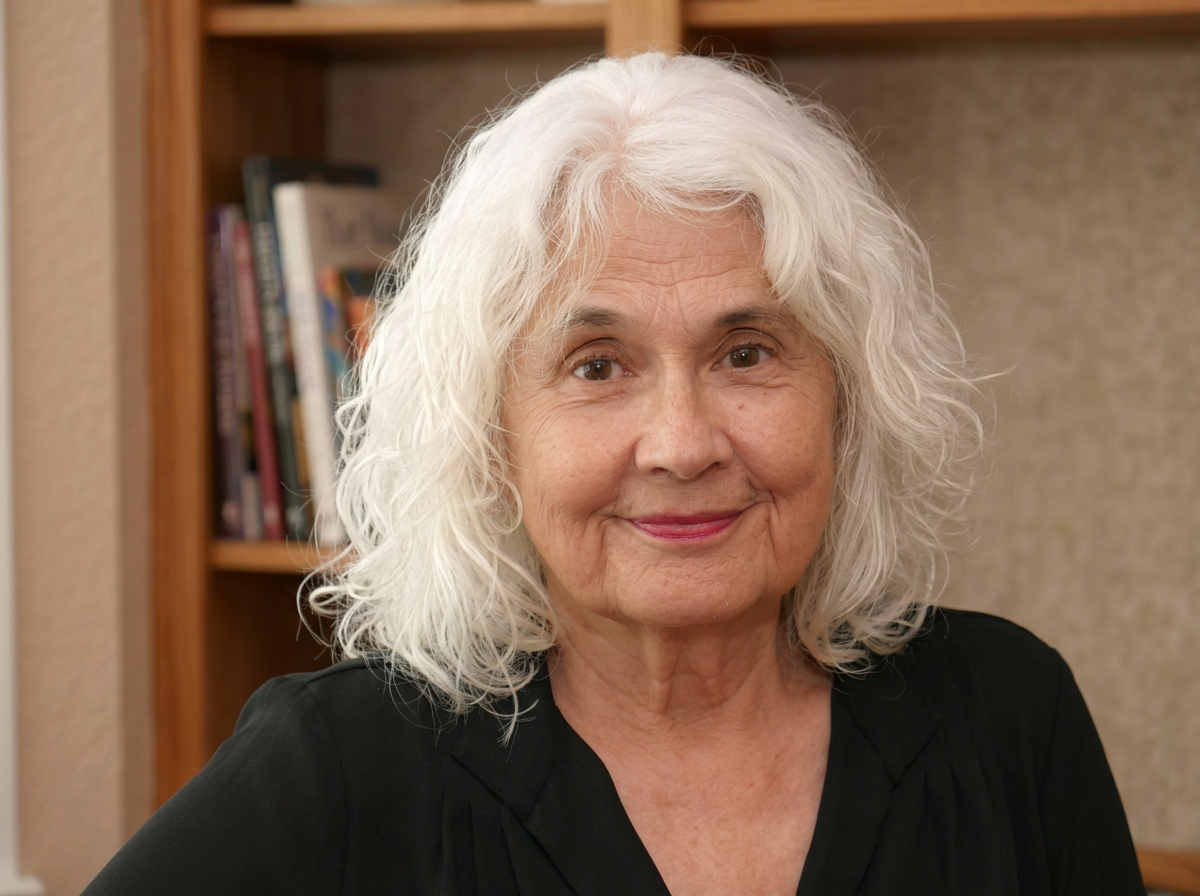 A smiling elderly woman with curly white hair, wearing a black top, standing in front of a bookshelf with books and a wooden background.