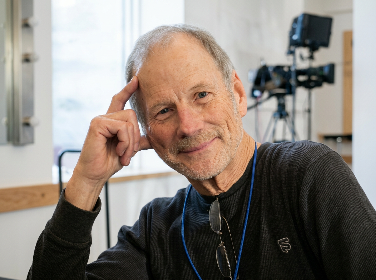 An elderly man with gray hair and a beard smiling while resting his head on his hand. He is wearing a black shirt with glasses hanging from his collar and a blue lanyard. In the background, there is a camera on a tripod and some equipment, suggesting a studio or interview setting.