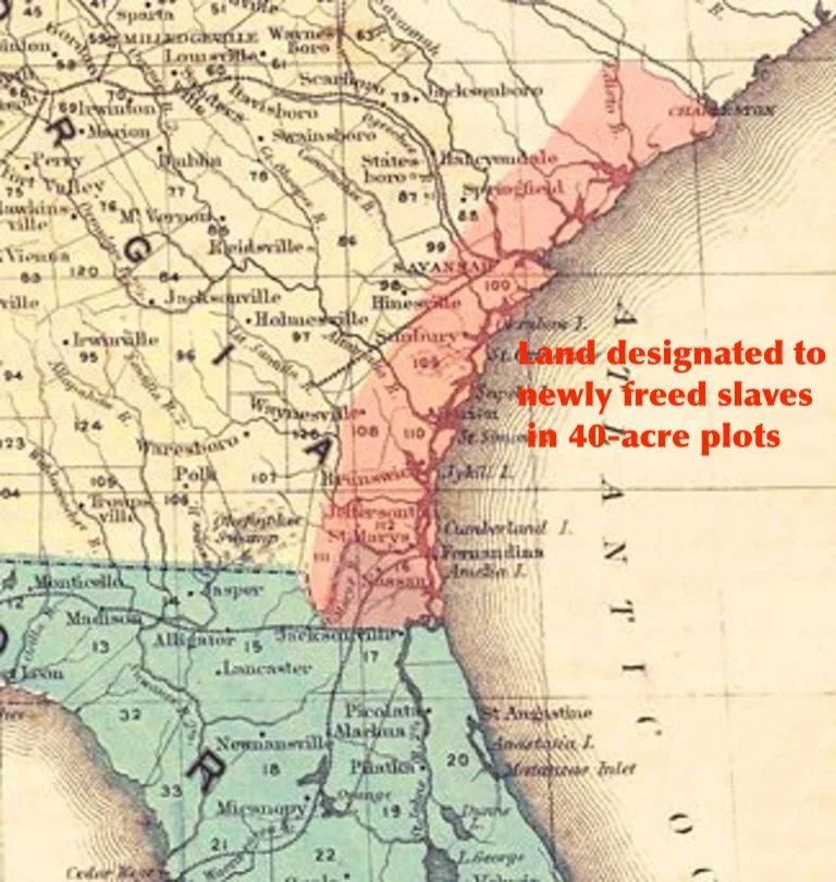 Historical map depicting land designated for newly freed slaves in 40-acre plots along the eastern coast of the United States, highlighted in pink.