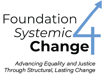 Logo with the words 'Foundation Systemic Change' and a blue arrow pointing upward, forming a number 4.