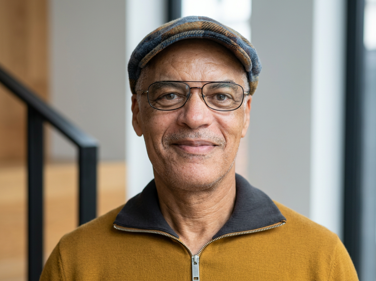 A middle-aged man wearing glasses, a colorful cap, and a mustard-yellow jacket stands indoors near a window.