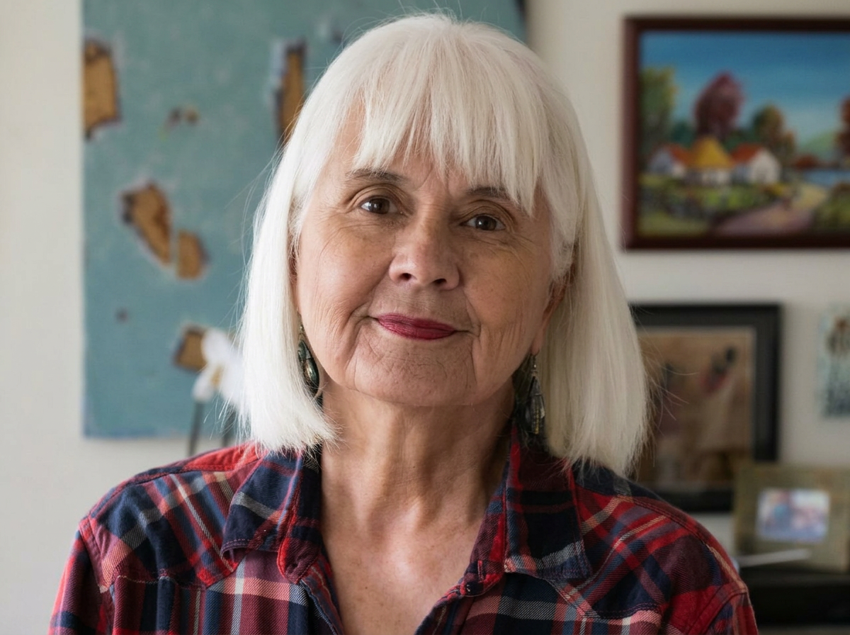An older woman with white hair and a plaid shirt smiling indoors, with colorful artwork in the background.