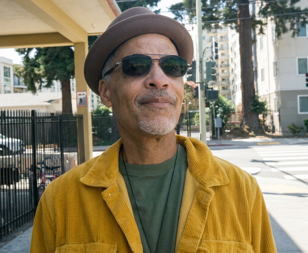 An older man wearing sunglasses, a hat, a yellow jacket, and a green shirt stands on a city street with buildings and trees in the background.