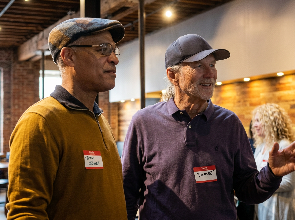 Two men wearing name tags and caps are standing indoors, engaged in conversation. The man on the left is wearing glasses, a flat cap, and a yellow sweater, while the man on the right is smiling, wearing a baseball cap, and a purple polo shirt.