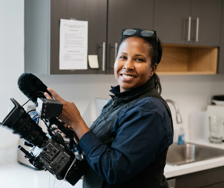 A smiling woman in a black jacket holding a professional video camera in a kitchen.
