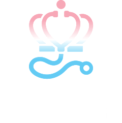 Pink and blue stylized crown with a stethoscope integrated into the design, above the text 'Charlotte Trans Health'.