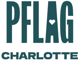 The logo for PFLAG Charlotte with stylized text in teal and blue, featuring a dove silhouette within the letter 'A'.